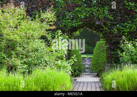Arch in a trimmed hedge through flowering lavender leading to a pond with a water ornamental stone statue, in a lush summer garden . Stock Photo