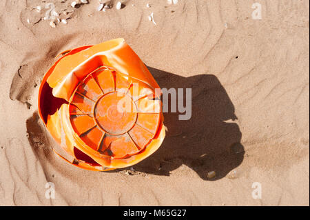 Detritus, plastics and rubbish washed up on Cefn Sidan beach, Pembrey. Carmarthenshire, west Wales, UK. Stock Photo