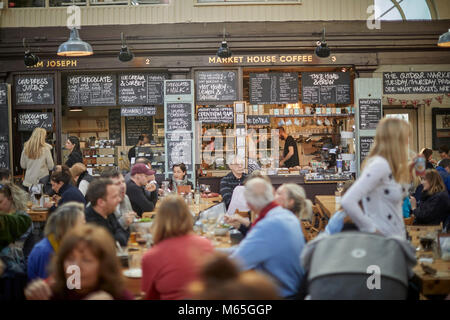 Market House Coffee stall in the Grade II listed Market house in Altrincham town centre, Cheshire. A busy and exciting food destination Stock Photo