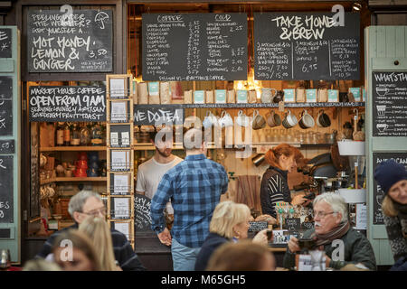 Market House Coffee stall in the Grade II listed Market house in Altrincham town centre, Cheshire. A busy and exciting food destination Stock Photo