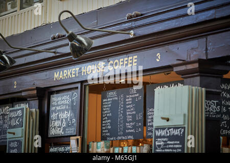 Market House Coffee stall in the Grade II listed Market house in Altrincham town centre, Cheshire. A busy and exciting food destination Stock Photo