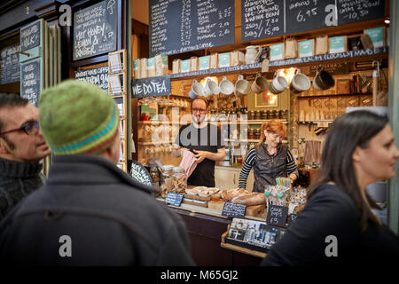 Market House Coffee stall in the Grade II listed Market house in Altrincham town centre, Cheshire. A busy and exciting food destination Stock Photo