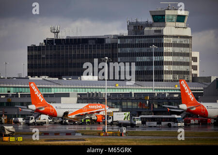 Manchester Airport Easyjet planes at the terminal