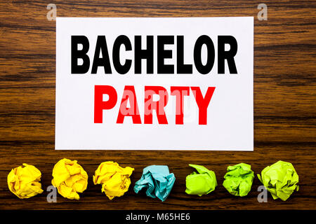 Hand writing text caption inspiration showing Bachelor Party. Concept for Stag Fun Celebrate Written on sticky, with sticky, one folded paper alone fo Stock Photo