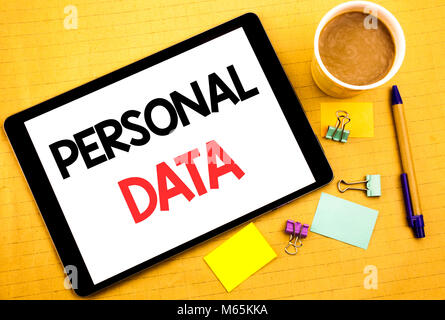 Conceptual hand writing text caption showing Personal Data. Business concept for Digital Protection Written on tablet, wooden background with sticky n Stock Photo