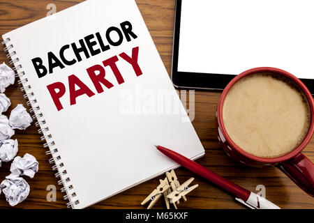 Conceptual hand writing text caption inspiration showing Bachelor Party. Business concept for Stag Fun Celebrate written on notepad paper on the wood  Stock Photo
