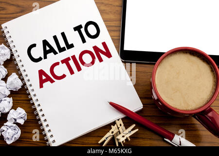 Conceptual hand writing text caption inspiration showing Call To Action. Business concept for Proactive Success Goal written on notepad paper on the w Stock Photo