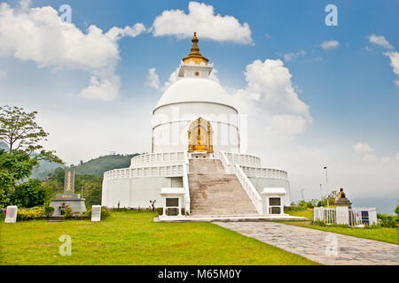 World peace pagoda in Pokhara Nepal. Designed to help unite people their search for world peace. Most pagodas built since World War II under the guida Stock Photo