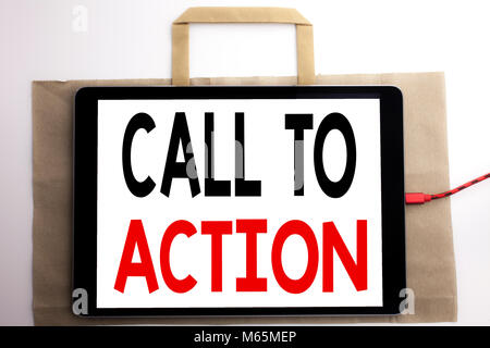 Handwriting Announcement text showing Call To Action. Business concept for Proactive Success Goal Written on shopping bag and tablet white background, Stock Photo