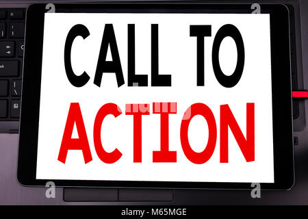 Conceptual hand writing text caption inspiration showing Call To Action. Business concept for Proactive Success Goal written on tablet laptop on black Stock Photo