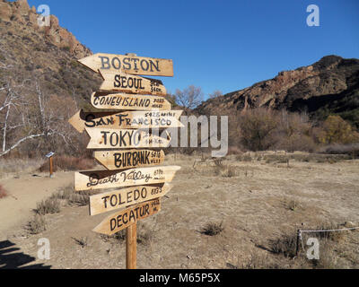 MASH Site - Crossroads. The filming site for the legendary television show M*A*S*H*, which aired from 1972-1983. Exterior scenes for the show were filmed at Malibu Creek State Park, while interior shots were filmed on a sound stage at Fox Studies in Century City. Stock Photo