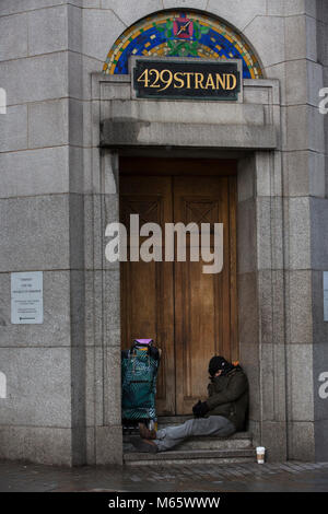 Rough sleeper in London's West End as 'Beast from the East' artic weather descends on the capital bringing snow blizzards and cold tempatures. Stock Photo