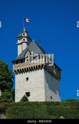 Close-up of tower of the Dukes of Savoy's castle, with blue sky in the city center of Chambéry, in the department of Savoie, south-eastern France. Stock Photo