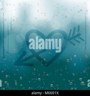 Heart with Cupid arrow draw on rainy window. Water drops flow down on dark blue bokeh background. Romance love bubble droplets backdrop. Sadness roman Stock Vector