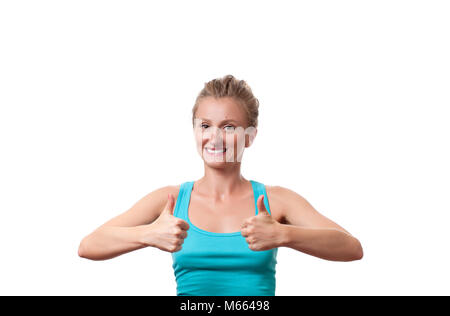 Young happy woman showing thumb up. Like. Business woman with thumbs up Stock Photo