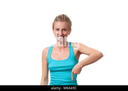 Woman is pointing at a subscription button down below Stock Photo