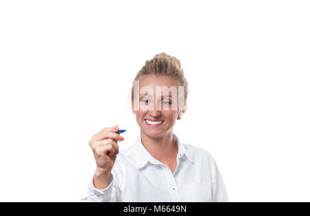 Smiling business woman writing something in the air with pen Stock Photo