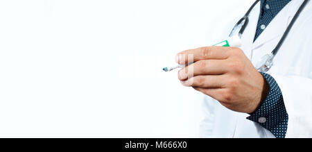 Doctor writing something in the air with marker.  Doctor drawing on the screen Stock Photo