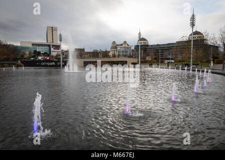 City Park in Bradford, with the mirror pool and, in the distance from left, the National Science and Media Musem, Alhambra Theatre and former Odeon Ci Stock Photo