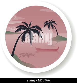 Tropical sea landscape, black silhouettes islands with palm trees , clouds, sky with clouds, sun, wooden boat Stock Vector