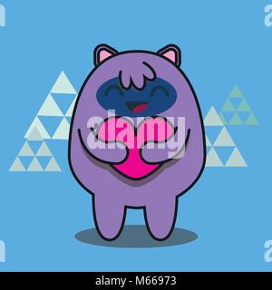 Hand drawn vector illustration of a cute funny cartoon yeti monster, holding a heart Stock Vector