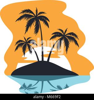 BEACH THEME. vector illustration of the wave, tropical island palm trees and the sun Stock Vector