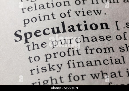 Fake Dictionary, Dictionary definition of the word speculation. including key descriptive words. Stock Photo