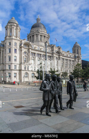 Statue of the Beatles pop music group, in front of Port of Liverpool building, Liverpool, Merseyside, England, UK, United Kingdom Stock Photo