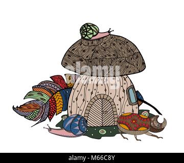 Fairytale mushroom and feather birds Stock Vector