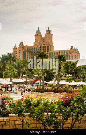 Dubai, United Arab Emirates - February 24, 2018: Atlantis hotel on the Palm Jumeirah island, view from the water park, tourist attraction in Dubai, Un Stock Photo