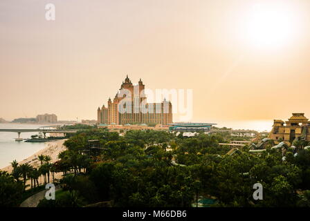 Dubai, United Arab Emirates - February 24, 2018: Atlantis hotel and water park panorama on the Palm Jumeirah island, view from the water park, tourist Stock Photo