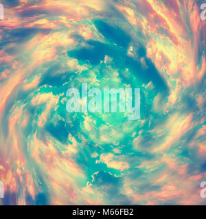 Spiral tunnel from clouds. Bright colorful fairy tale square background. Abstract texture heaven concept. Vintage toned. Stock Photo