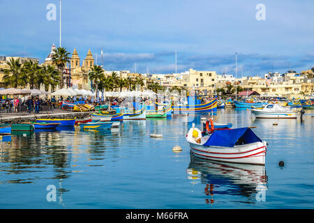 Maltese traditional Luzzu boat, Marsaxlokk, Malta Stock Photo