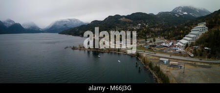 Britannia Beach, British Columbia, Canada - November 4, 2017 - Aerial Panoramic View of Museum of Mining in Howe Sound, North of Vancouver. Stock Photo