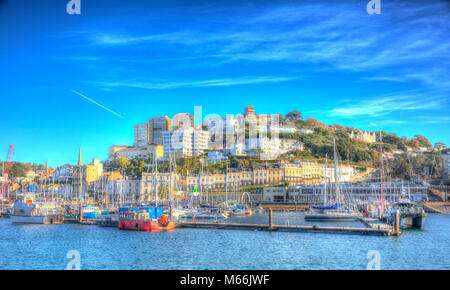 Torquay Devon harbour and marina with boats in colourful hdr in the sunshine Stock Photo