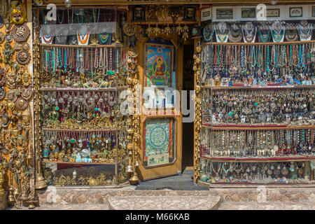 Manali, India - May 26, 2017: Traditional souvenirs and silver jewelleries indian shop Stock Photo