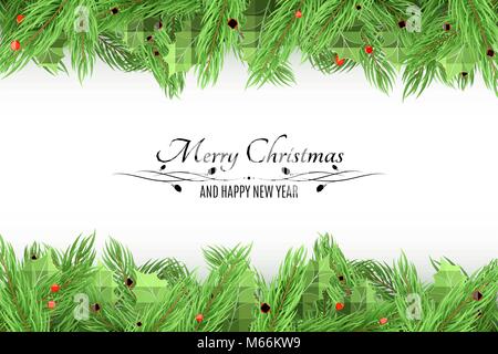 Christmas background. Bouquet of fresh fir trees and snow berries on a white background. Black text with decorations. Happy New Year. Vector illustrat Stock Vector