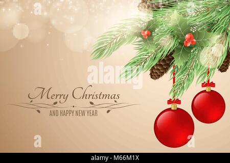 Christmas background with text. Merry Christmas and Happy New Year. Snow berries, fur tree, cones. Red realistic christmas balls. Glare bokeh, light p Stock Vector