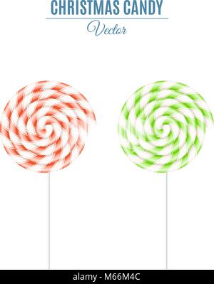 Christmas green and red spiral candy on a stick. Sugar lollipop. Holiday sweets. Vector illustration Stock Vector