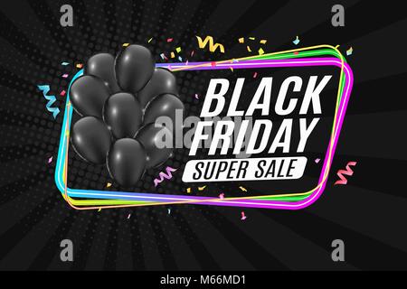 Multicolored neon banner for black Friday sale. Bunch of black realistic shiny balloons. Color frame on a dark background. Festive confetti and ribbon Stock Vector