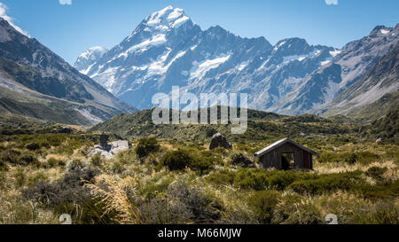 View from Hooker Valley Track and Refuge Hut, Mount Cook, South Island, New Zealand Stock Photo