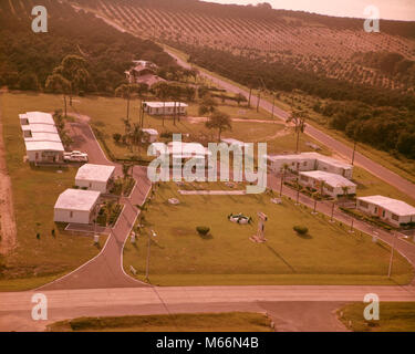 1950s 1960s AERIAL VIEW OF HIGHWAY TRAVEL MOTEL IN MIDDLE OF CITRUS GROVE CLERMONT FLORIDA USA - kr7805 HAR001 HARS FL RESORTS AERIAL VIEW CITRUS CITRUS FRUIT CLERMONT GROVE GROVES OLD FASHIONED Stock Photo