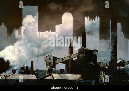 1980s OLD STEEL MILL SMOG POLLUTED AIR AND THE SKYLINE OF PITTSBURGH PENNSYLVANIA USA - ks28258 GER002 HARS EXTERIOR NOBODY PA EFFECT CONCEPTUAL SYMBOLIC C COMMERCE GRAY METALS MONTAGES POLLUTE POLLUTED POLLUTER POLLUTING BAD AIR COLLAGES EMISSION EXHAUST INDUSTRIAL POLLUTION MASS PRODUCTION MECHANIZATION OLD FASHIONED PITTSBURGH SMOKESTACK SMOKY STEEL MILL TOXIC Stock Photo