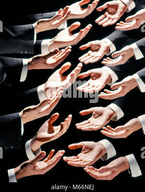 1960s MULTIPLE EXPOSURE OF MALE HANDS OFFERING A HELPING HAND OR ASKING FOR HELP MONEY WELCOME WITH OPEN HANDS - ks2969 HAR001 HARS DONATE DONATION GRATUITY HELPING HANDS NEEDY OFFER OLD FASHIONED PERSONS Stock Photo