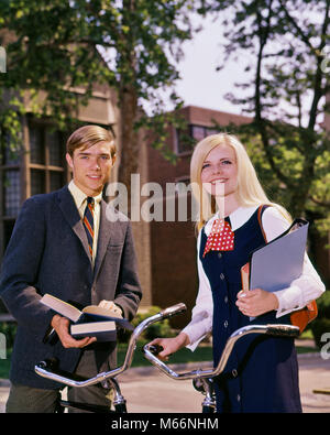 1960s PORTRAIT STUDENT COUPLE ON CAMPUS WITH BIKES AND BOOKS LOOKING AT CAMERA - ks5841 HAR001 HARS JOY LIFESTYLE CAMPUS FEMALES HEALTHINESS COPY SPACE FRIENDSHIP HALF-LENGTH TEENAGE GIRL TEENAGE BOY BICYCLES TRANSPORTATION NOSTALGIA BIKES TOGETHERNESS EYE CONTACT 16-17 YEARS 20-25 YEARS SUIT AND TIE HAPPINESS UNIVERSITIES AND 18-19 YEARS HIGH SCHOOL SMILES HIGH SCHOOLS HIGHER EDUCATION JOYFUL TEENAGED COLLEGES HANDLEBARS JUVENILES MALES YOUNG ADULT MAN YOUNG ADULT WOMAN LOOKING AT CAMERA OLD FASHIONED PERSONS TWO PEOPLE WITH OTHERS