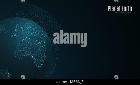 Abstract planet earth. Blue map of the earth from the square points. Dark background. Blue glow. High tech. Sci-fi tech. Global network connection, in Stock Vector