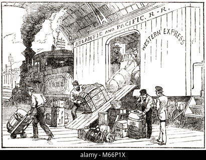 1890s ILLUSTRATION CARGO TRUNKS SUITCASES BEING UNLOADED FROM BAGGAGE CAR WESTERN EXPRESS TRAIN ATLANTIC & PACIFIC RAILROAD - o3281 HAR001 HARS 1800s HISTORIC UNLOADING PROGRESS INNOVATION 1890s CARTS LOCOMOTIVE LOCOMOTIVES EXPRESS MOBILITY SMALL GROUP OF PEOPLE ENGINES MALES MID-ADULT TRUNKS YOUNG ADULT MAN ATLANTIC & PACIFIC B&W BAGGAGE BLACK AND WHITE BOXCAR DEPOT OCCUPATIONS OLD FASHIONED PERSONS UNLOADED Stock Photo
