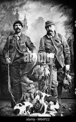1890s TWO MEN HUNTERS LOOKING AT CAMERA POSED WITH BRACE OF BIRDS DOGS AND SHOTGUNS TURN OF THE 120TH CENTURY - o3469 HAR001 HARS MAMMALS ADVENTURE TURN OF THE 20TH CENTURY AND CANINES RECREATION PRIDE 1890s MASCULINE 19TH CENTURY COOPERATION MANLY SMALL GROUP OF ANIMALS BIRDS CANINE FIREARM FIREARMS HUNTERS MALES MAMMAL POSED SHOTGUNS STIFF B&W BLACK AND WHITE BRACE CAUCASIAN ETHNICITY LOOKING AT CAMERA OLD FASHIONED PERSONS