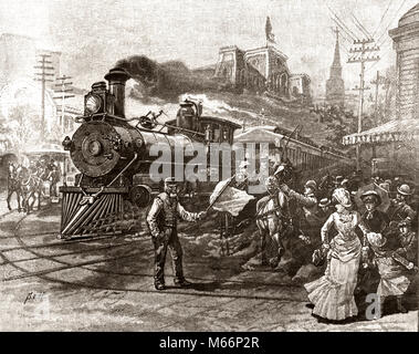 1890s 19th CENTURY TRAIN TRAVEL IN AMERICA ENGRAVING OF LOCOMOTIVE COMING DOWN STREET SCARING PEDESTRIANS AND HORSE AND CARRIAGE - o4023 LAN001 HARS 1800s COMING HISTORIC CARRIAGE PEDESTRIAN ADVENTURE CUSTOMER SERVICE TURN OF THE 20TH CENTURY EXCITEMENT PROGRESS 1890s LOCOMOTIVE 19TH CENTURY WALKER LARGE GROUP OF PEOPLE EQUINE CREATURE MAMMAL MID-ADULT MID-ADULT MAN MID-ADULT WOMAN YOUNG ADULT MAN YOUNG ADULT WOMAN B&W BLACK AND WHITE FLAG MAN OCCUPATIONS OLD FASHIONED SCARING Stock Photo
