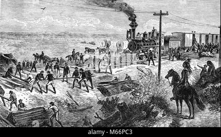 1860s ILLUSTRATION WORKERS LAYING TRACK FOR TRANSCONTINENTAL RAILROAD - q72155 CPC001 HARS TIES NATIVE AMERICAN SMALL GROUP OF ANIMALS ENGINES MID-ADULT MID-ADULT MAN NATIVE AMERICANS TELEGRAPH YOUNG ADULT MAN B&W BLACK AND WHITE OCCUPATIONS OLD FASHIONED TRANSCONTINENTAL Stock Photo